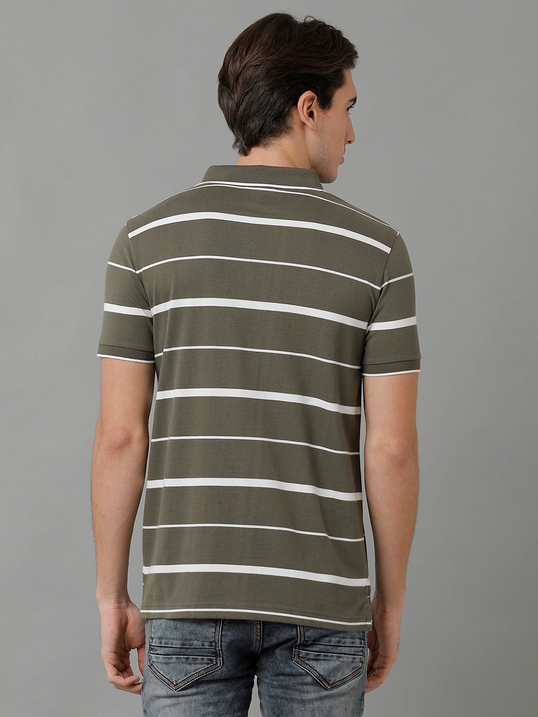 Classic Polo Men's Cotton Striped Half Sleeve Slim Fit Polo Neck Olive Color T-Shirt | Cpeg - 296 B