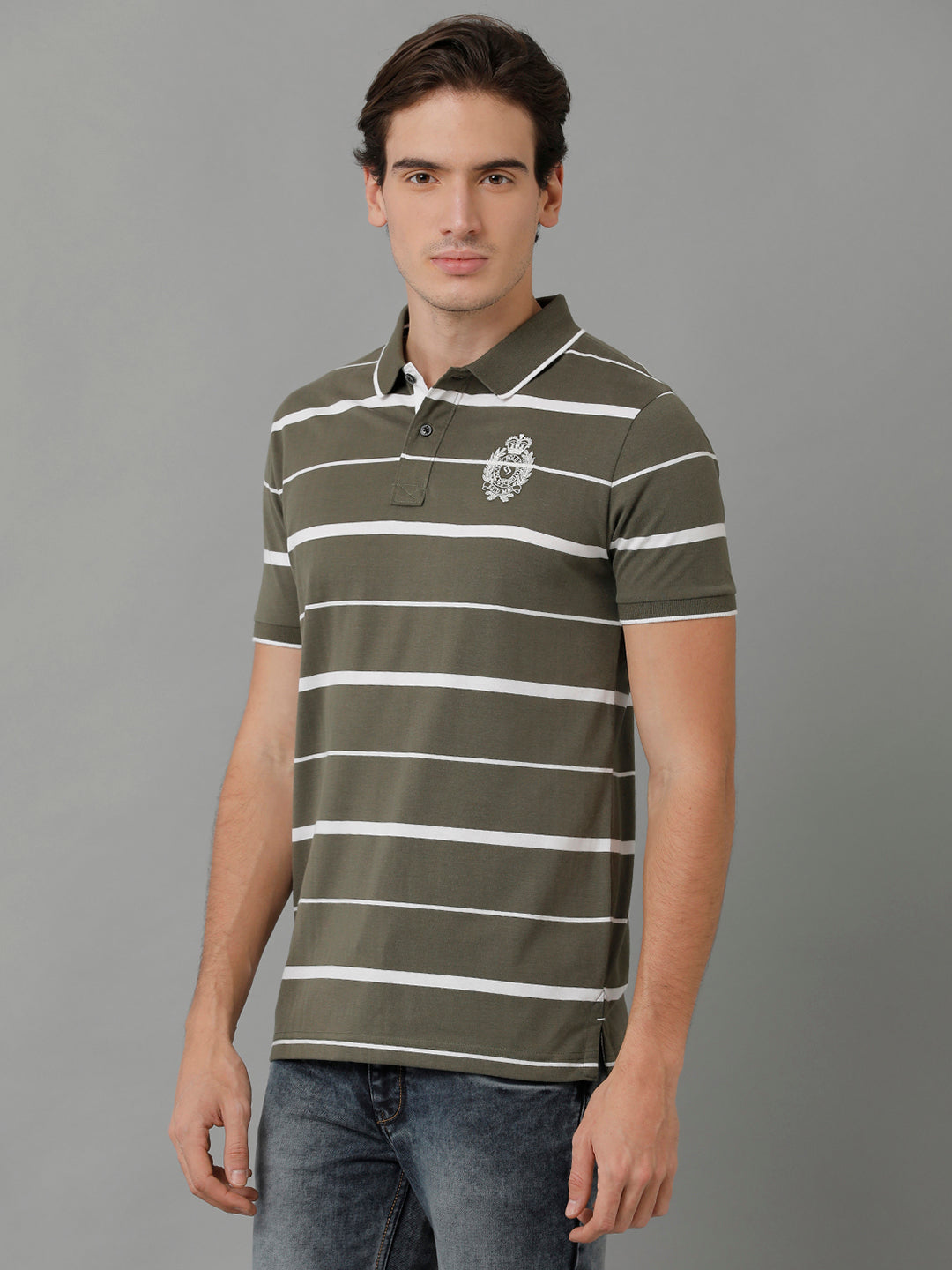 Classic Polo Men's Cotton Striped Half Sleeve Slim Fit Polo Neck Olive Color T-Shirt | Cpeg - 296 B