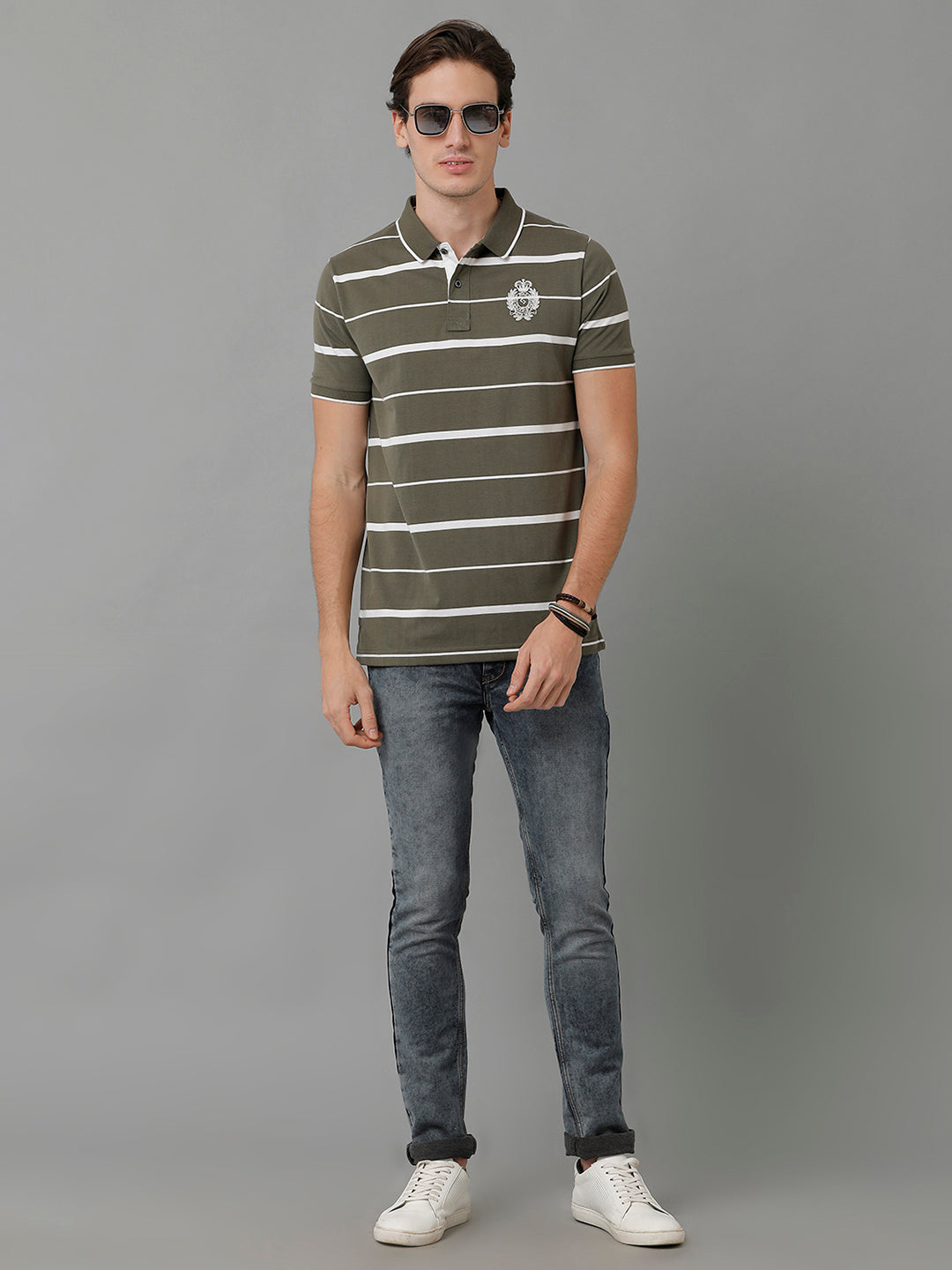 Classic Polo Men's Cotton Striped Half Sleeve Slim Fit Polo Neck Olive Color T-Shirt | Cpeg - 296 B