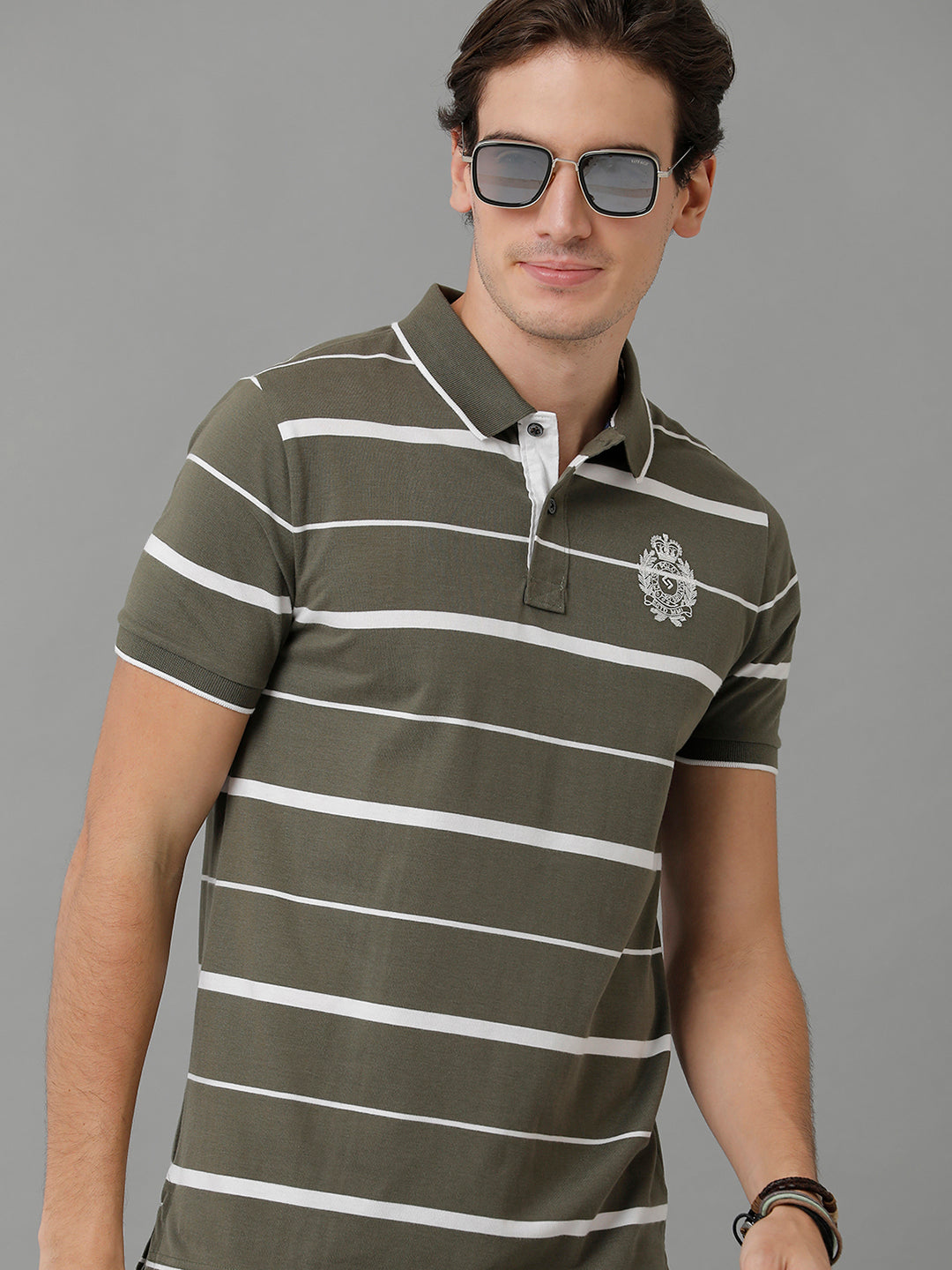 Classic Polo Men's Cotton Striped Half Sleeve Slim Fit Polo Neck Olive Color T-Shirt | Cpeg - 296 B