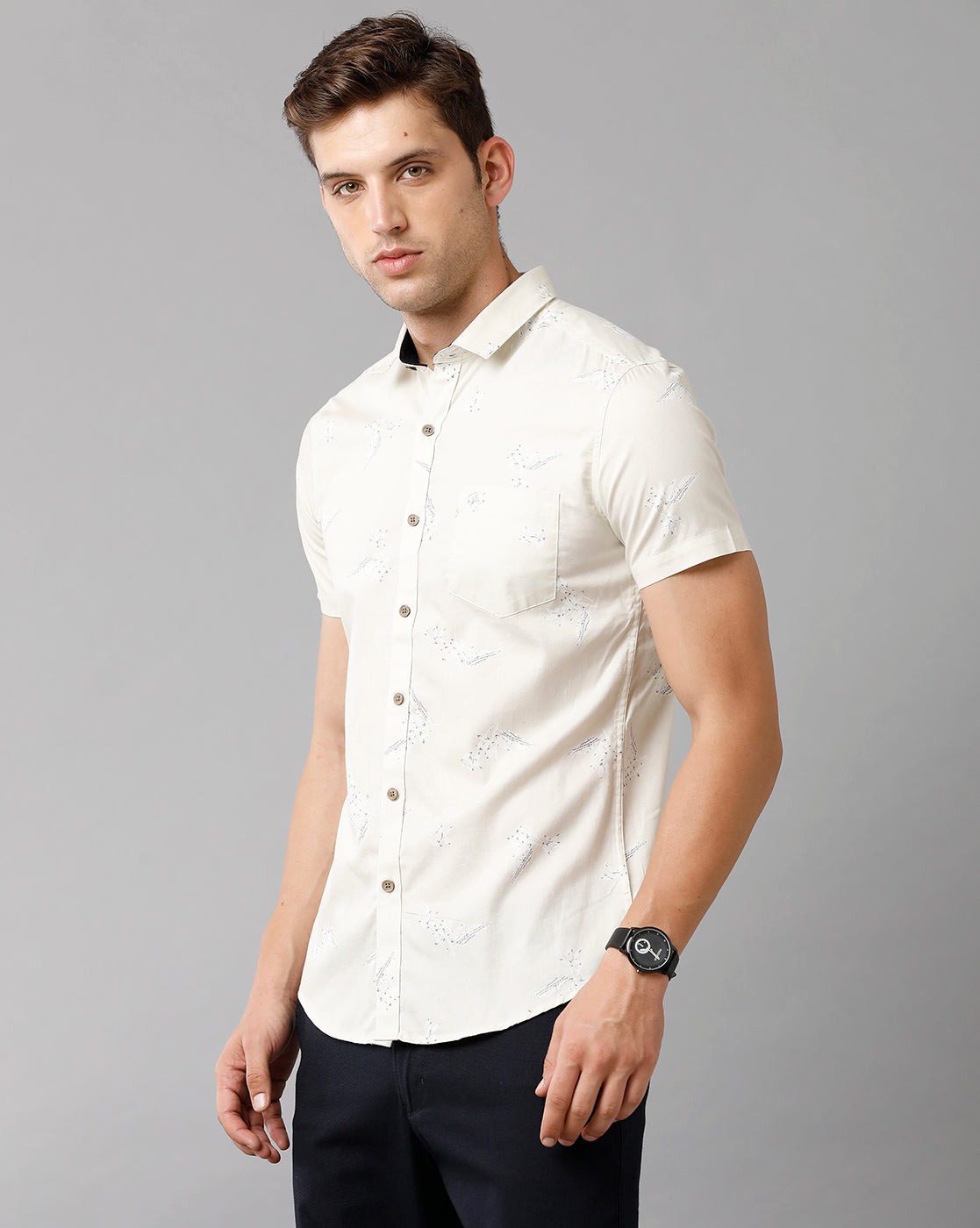 CP BRO Men's Cotton Printed Half Sleeve Slim Fit Polo Neck Cream Color Shirt | Sbn2 64 B