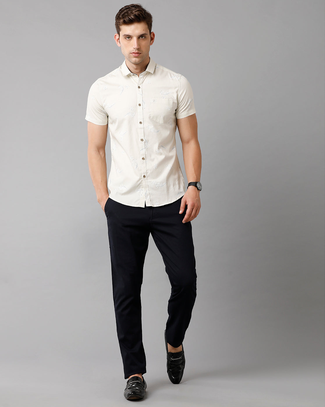 CP BRO Men's Cotton Printed Half Sleeve Slim Fit Polo Neck Cream Color Shirt | Sbn2 64 B