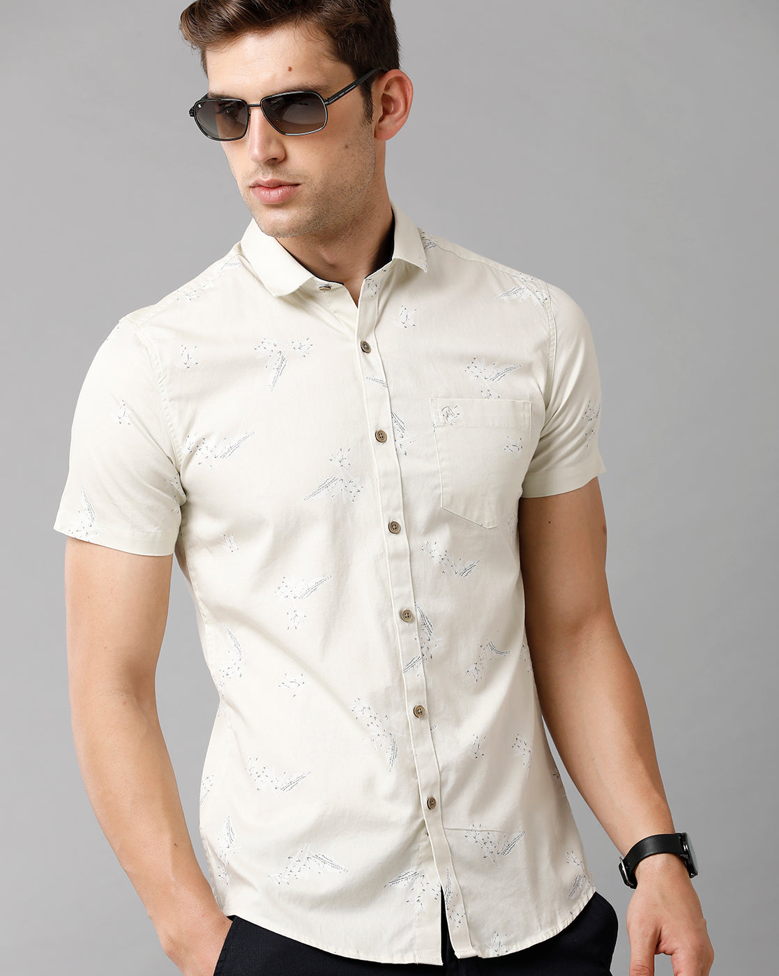 CP BRO Men's Cotton Printed Half Sleeve Slim Fit Polo Neck Cream Color Shirt | Sbn2 64 B