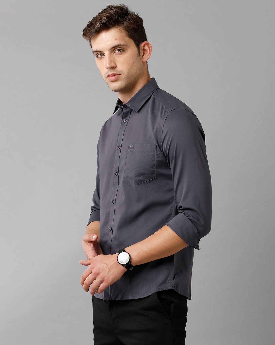 CP BRO Men's Cotton Solid Full Sleeve Slim Fit Polo Neck Dark Grey Color Shirt | Sbn2 74 B