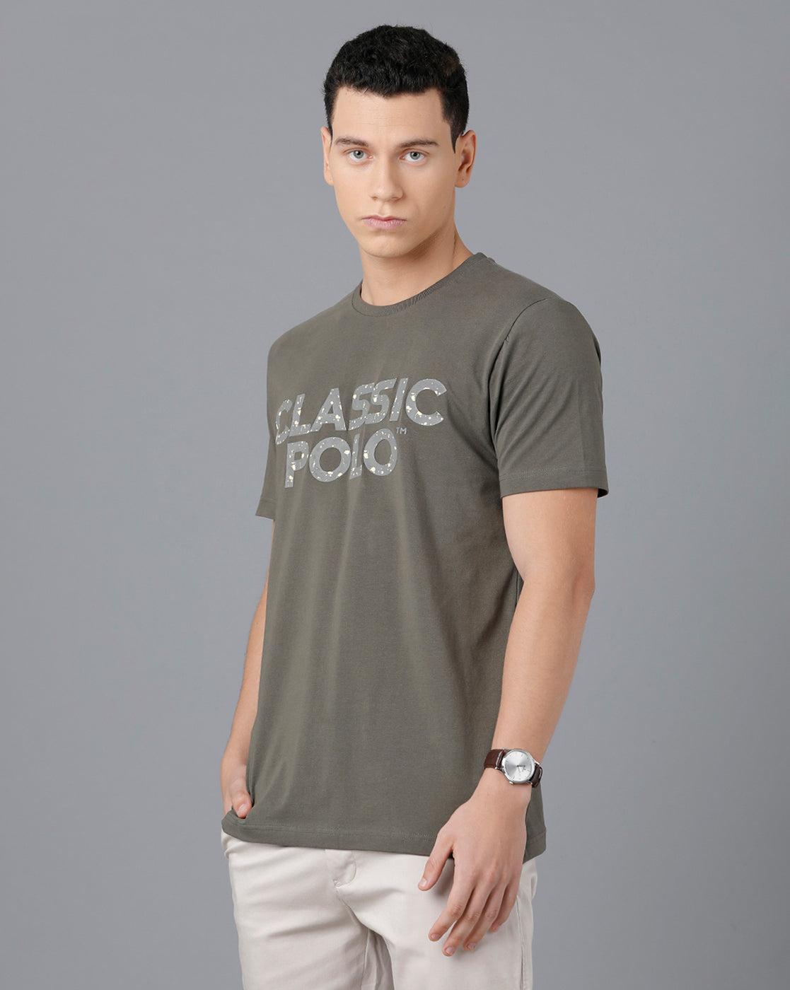 Classic Polo Mens Cotton Half Sleeve Printed Slim Fit Green Color Round Neck T-Shirt | Baleno - 445 A