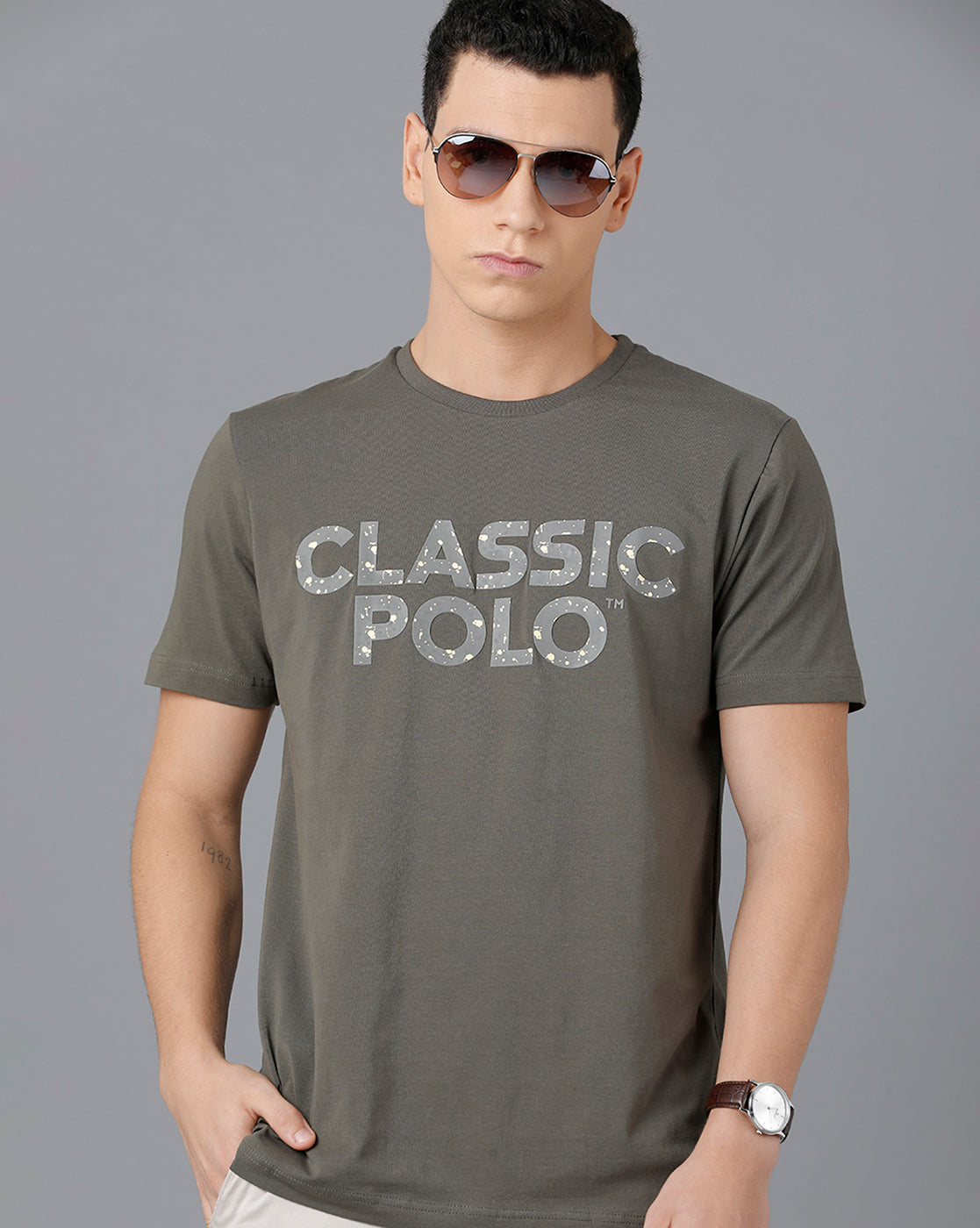 Classic Polo Mens Cotton Half Sleeve Printed Slim Fit Green Color Round Neck T-Shirt | Baleno - 445 A