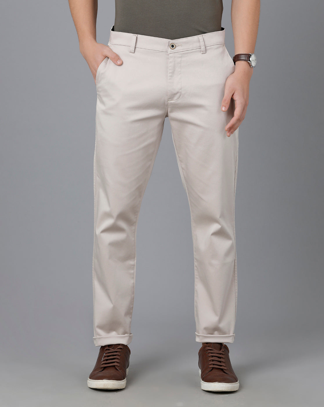 Classic Polo Mens Cotton Solid Slim Fit Cream Color Trouser | Tn2-39 B