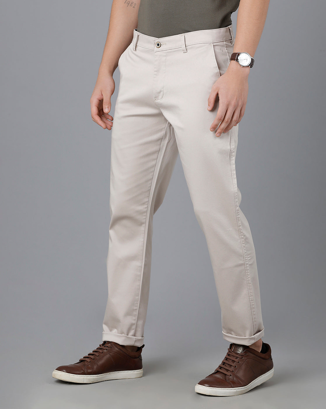 Classic Polo Mens Cotton Solid Slim Fit Cream Color Trouser | Tn2-39 B