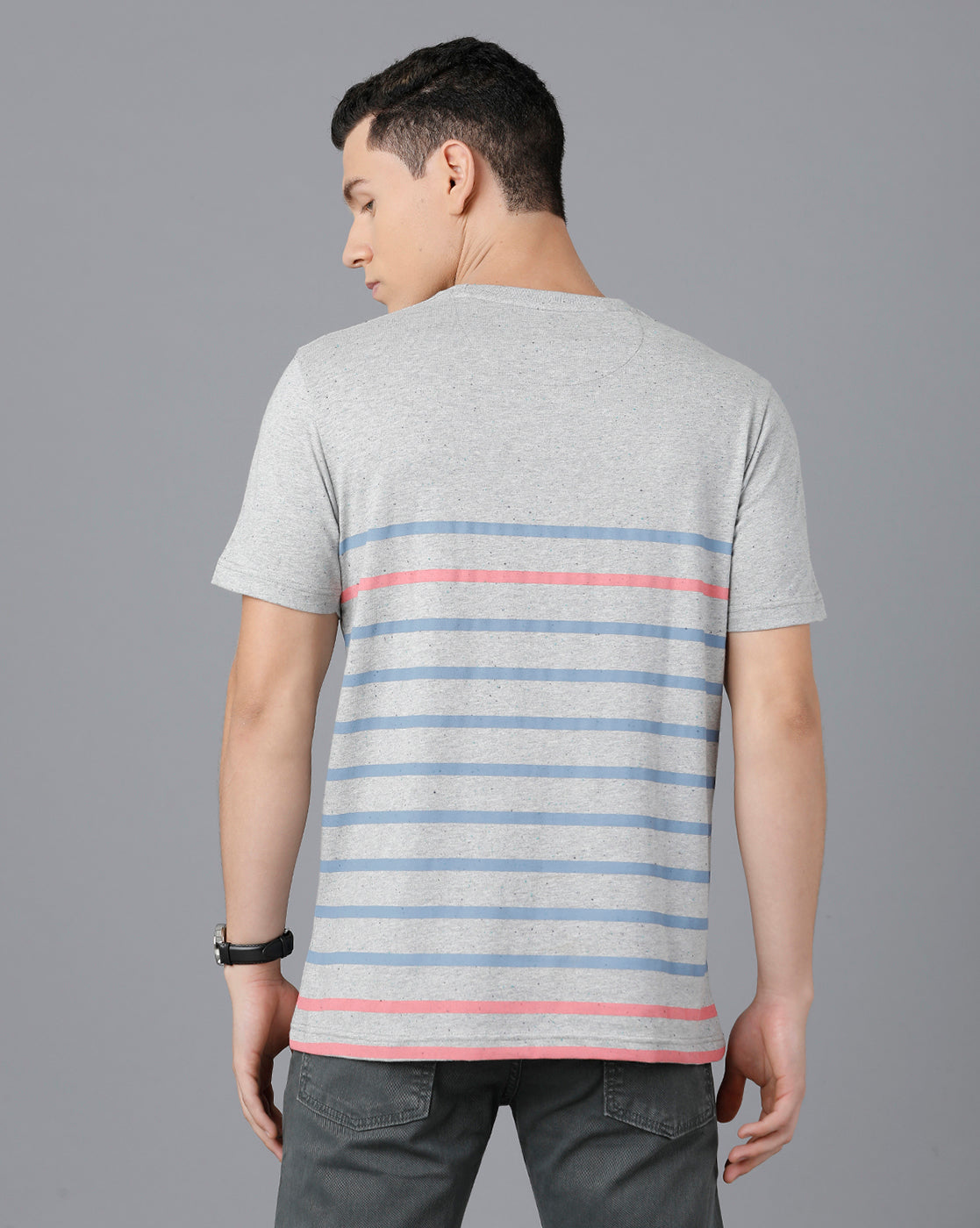 Classic Polo Mens Cotton Half Sleeve Striped Slim Fit Grey Color Round Neck T-Shirt | Baleno - 467 A