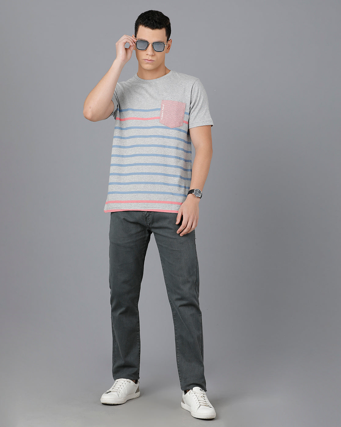 Classic Polo Mens Cotton Half Sleeve Striped Slim Fit Grey Color Round Neck T-Shirt | Baleno - 467 A