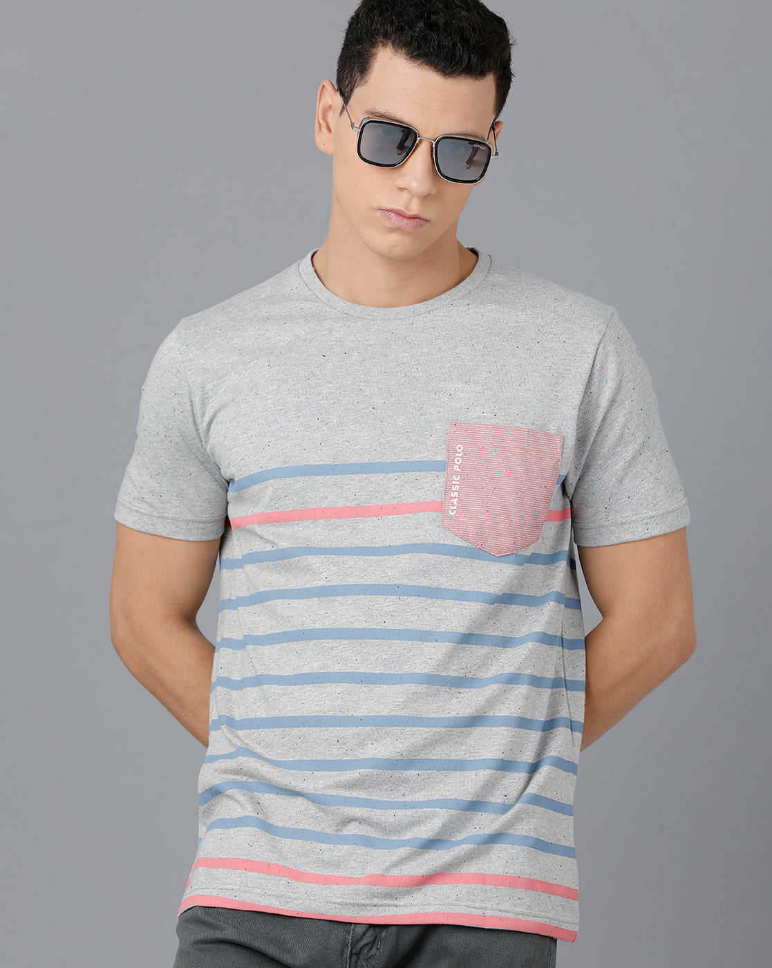 Classic Polo Mens Cotton Half Sleeve Striped Slim Fit Grey Color Round Neck T-Shirt | Baleno - 467 A