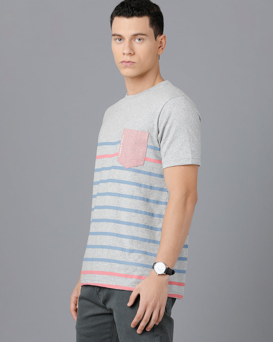 Classic Polo Mens Cotton Half Sleeve Striped Slim Fit Grey Color Round Neck T-Shirt | Baleno - 467 A