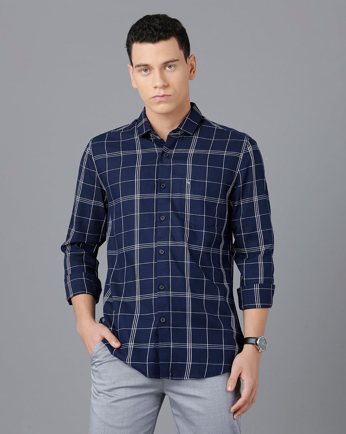 Classic Polo Mens Cotton Full Sleeve Checked Slim Fit Blue Color Spread Collar Woven Shirt | Sn2-115 A
