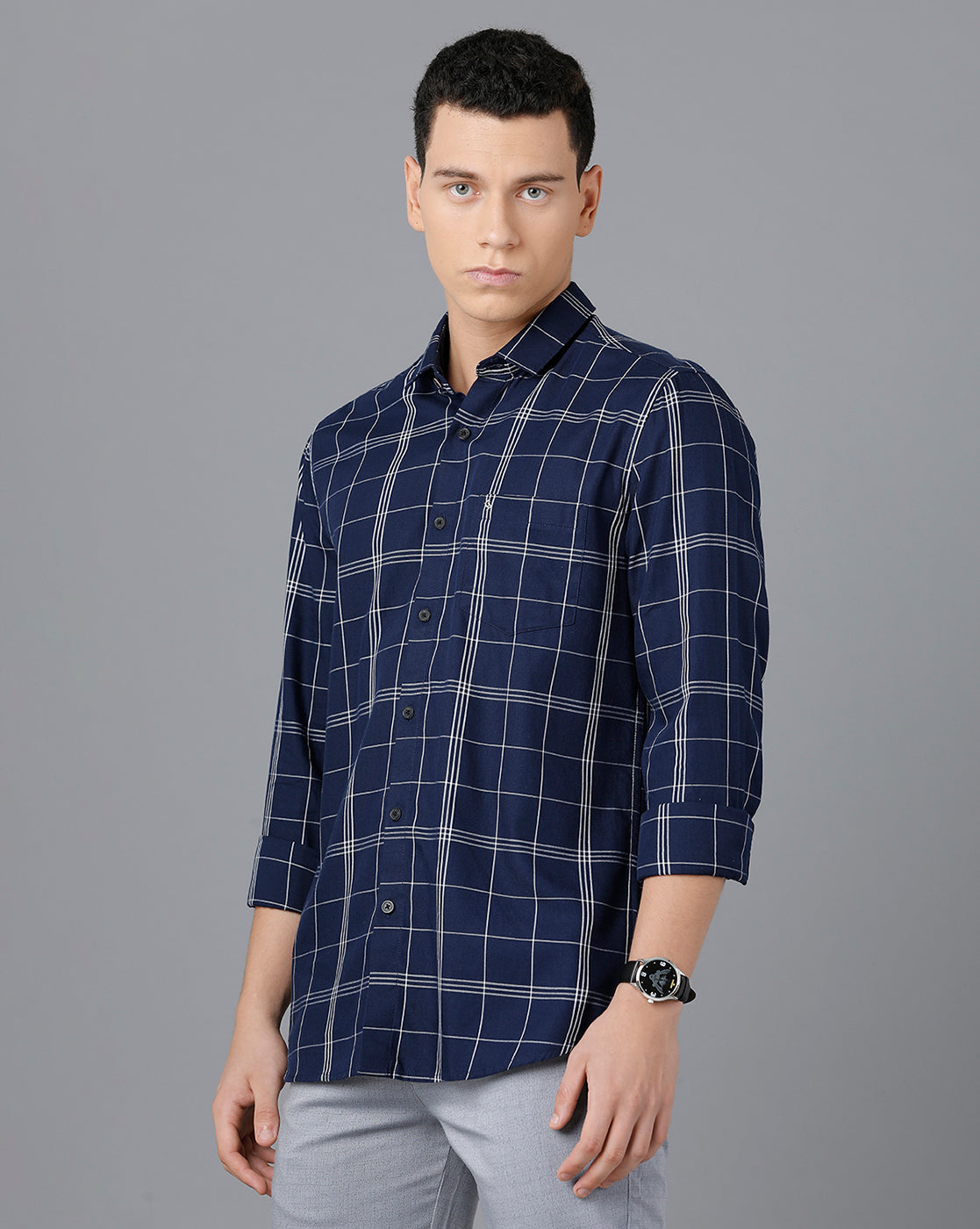 Classic Polo Mens Cotton Full Sleeve Checked Slim Fit Blue Color Spread Collar Woven Shirt | Sn2-115 A