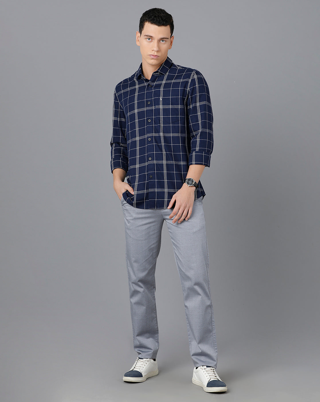 Classic Polo Mens Cotton Full Sleeve Checked Slim Fit Blue Color Spread Collar Woven Shirt | Sn2-115 A