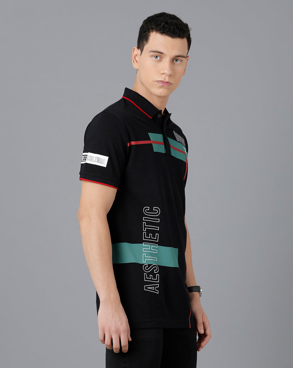 CP BRO Men's Cotton Half Sleeve Printed Slim Fit Black Color Polo Neck T-Shirt | Brp - 337 A