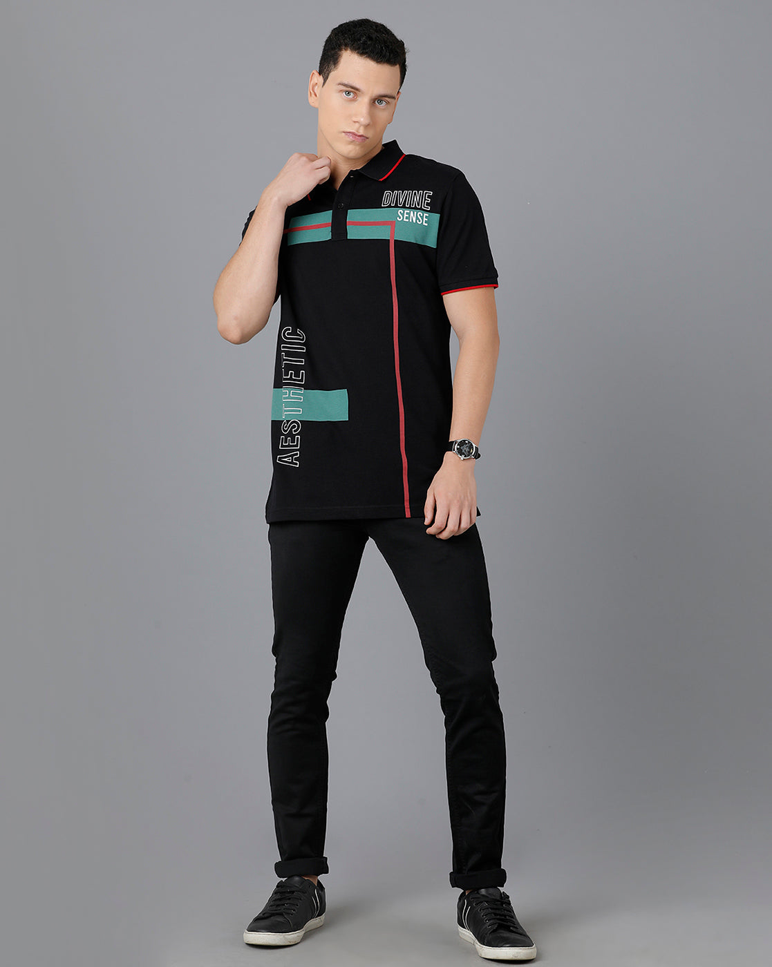 CP BRO Men's Cotton Half Sleeve Printed Slim Fit Black Color Polo Neck T-Shirt | Brp - 337 A