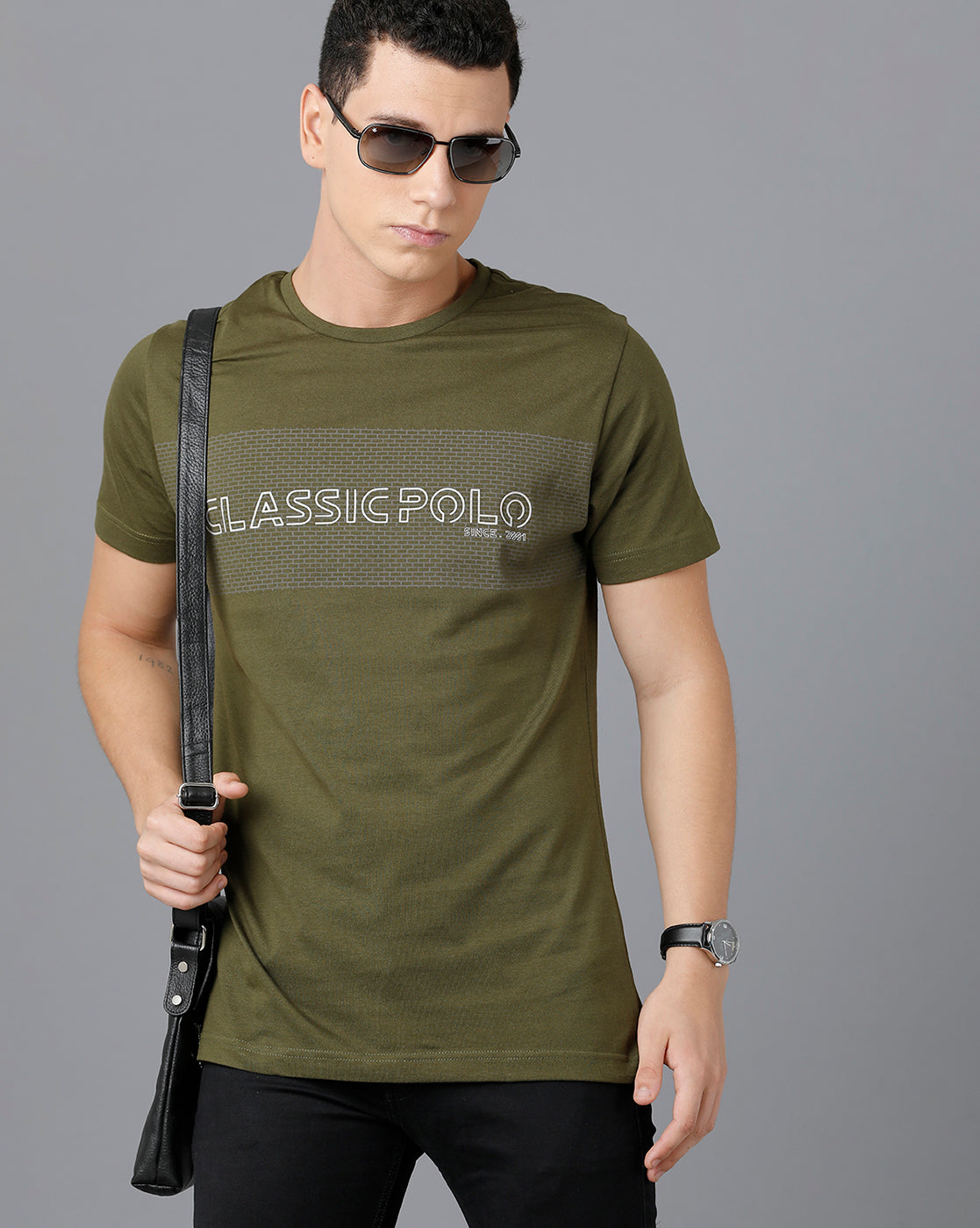 Classic Polo Mens Cotton Half Sleeve Printed Slim Fit Green Color Round Neck T-Shirt | Baleno - 451 B