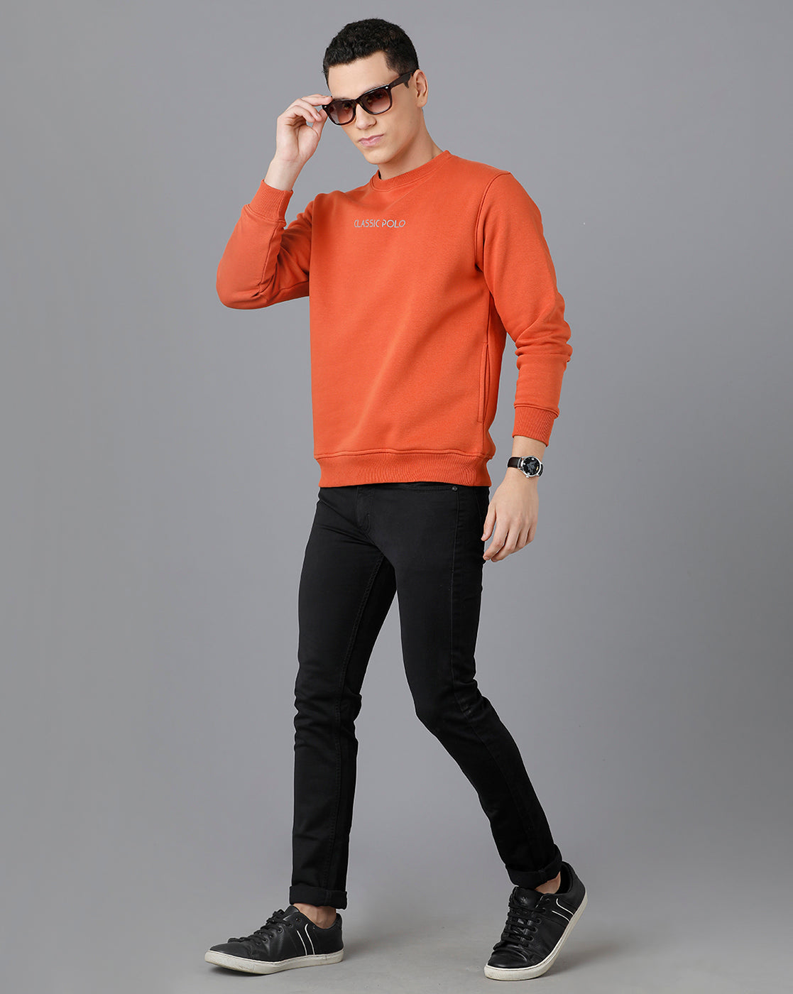 Classic Polo Mens Cotton Blend Full Sleeve Solid Slim Fit Orange Color Round Neck Sweat Shirt | Cpss - 414 J