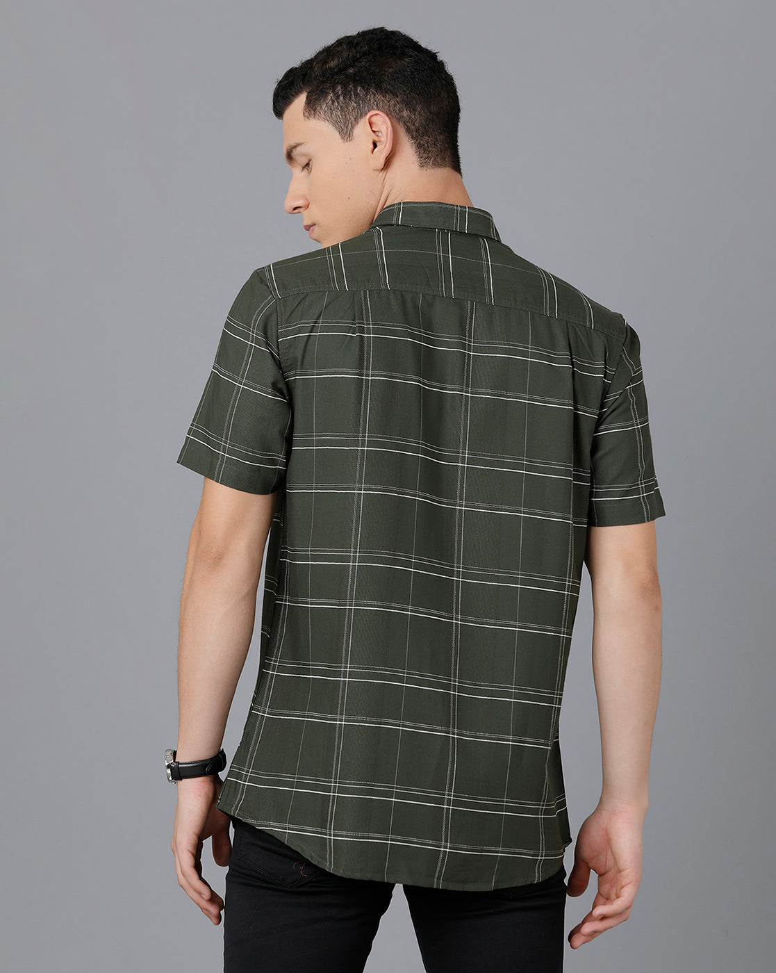 Classic Polo Mens Cotton Half Sleeve Checked Slim Fit Green Color Spread Collar Woven Shirt | Sn2-118 B