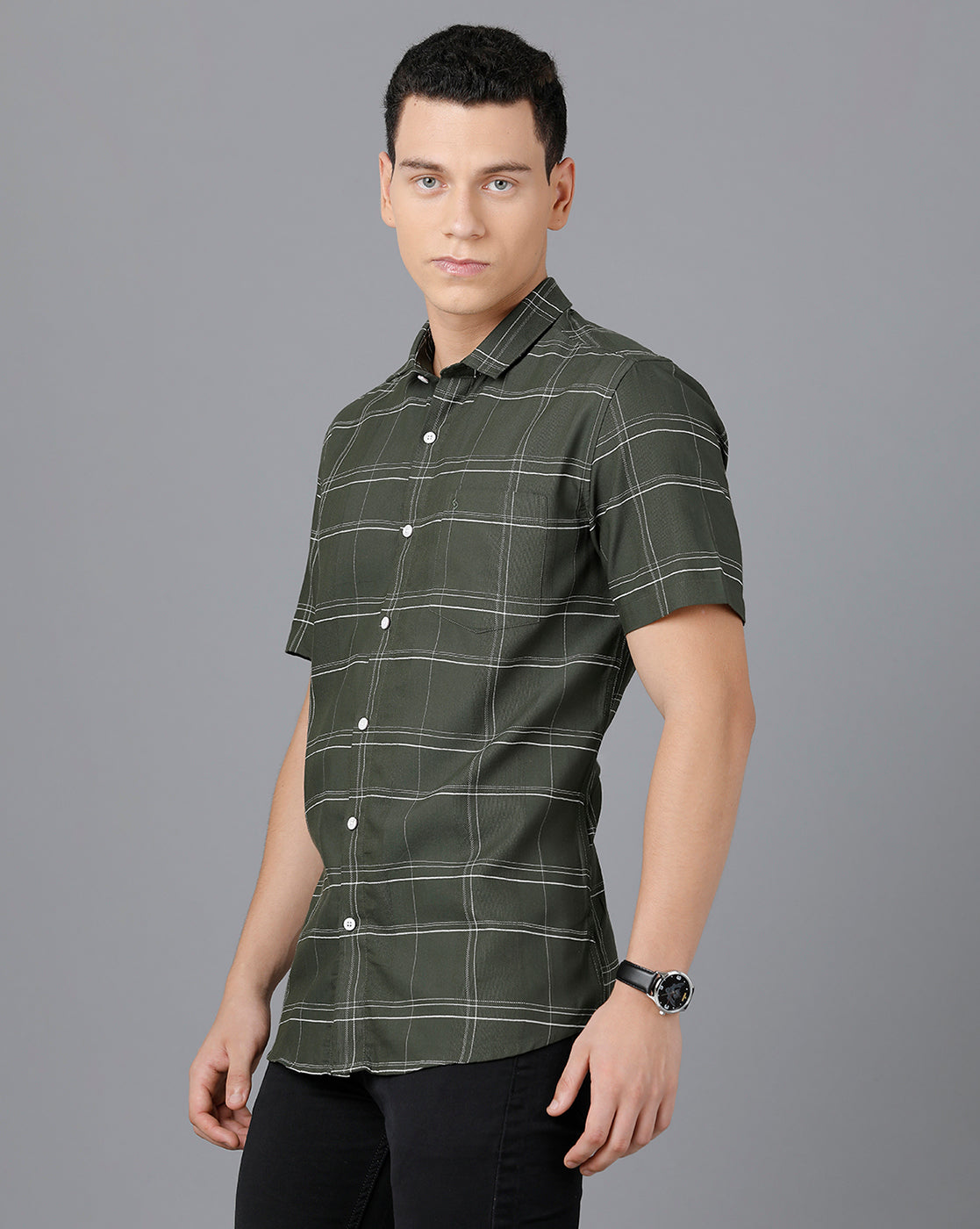 Classic Polo Mens Cotton Half Sleeve Checked Slim Fit Green Color Spread Collar Woven Shirt | Sn2-118 B
