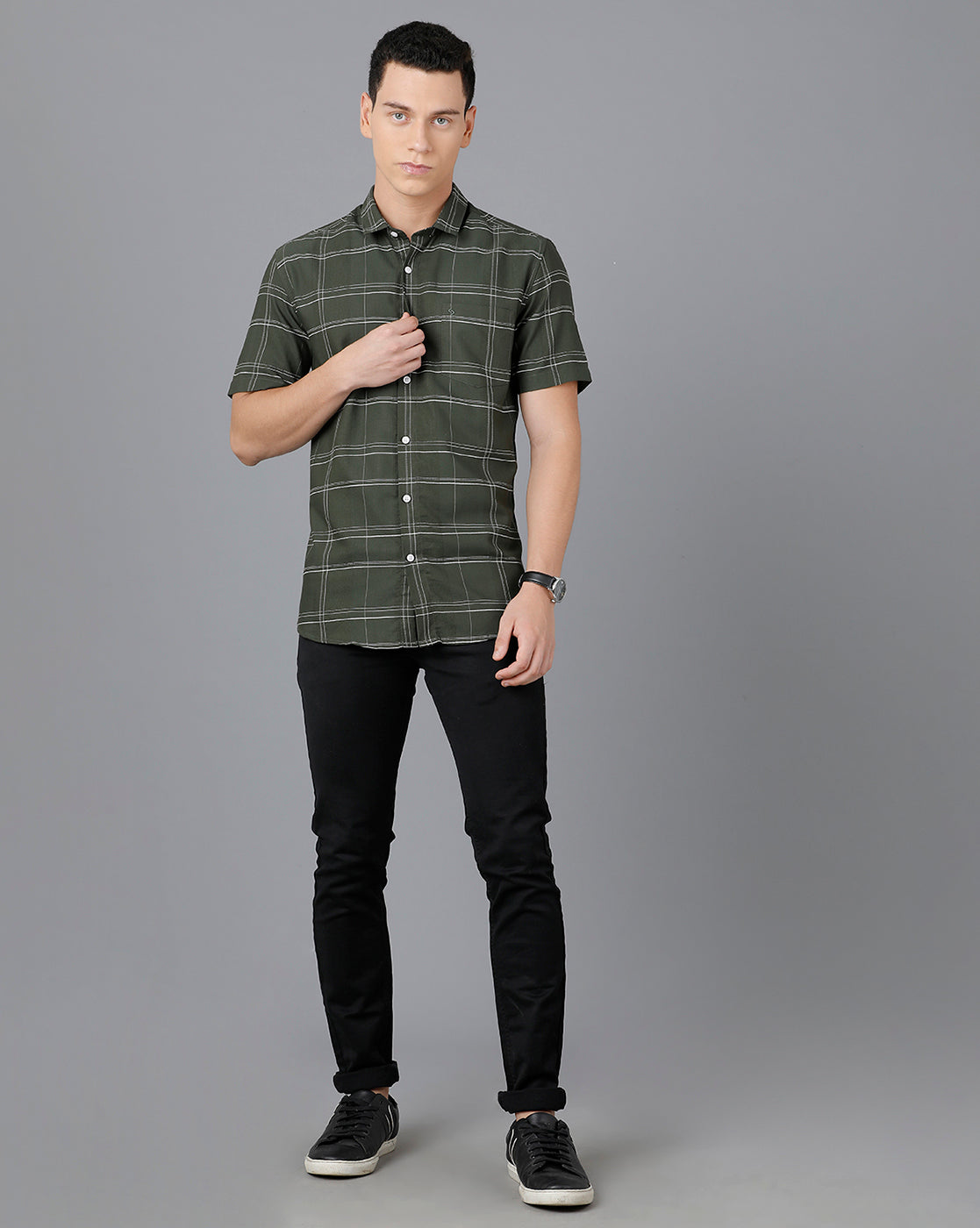 Classic Polo Mens Cotton Half Sleeve Checked Slim Fit Green Color Spread Collar Woven Shirt | Sn2-118 B