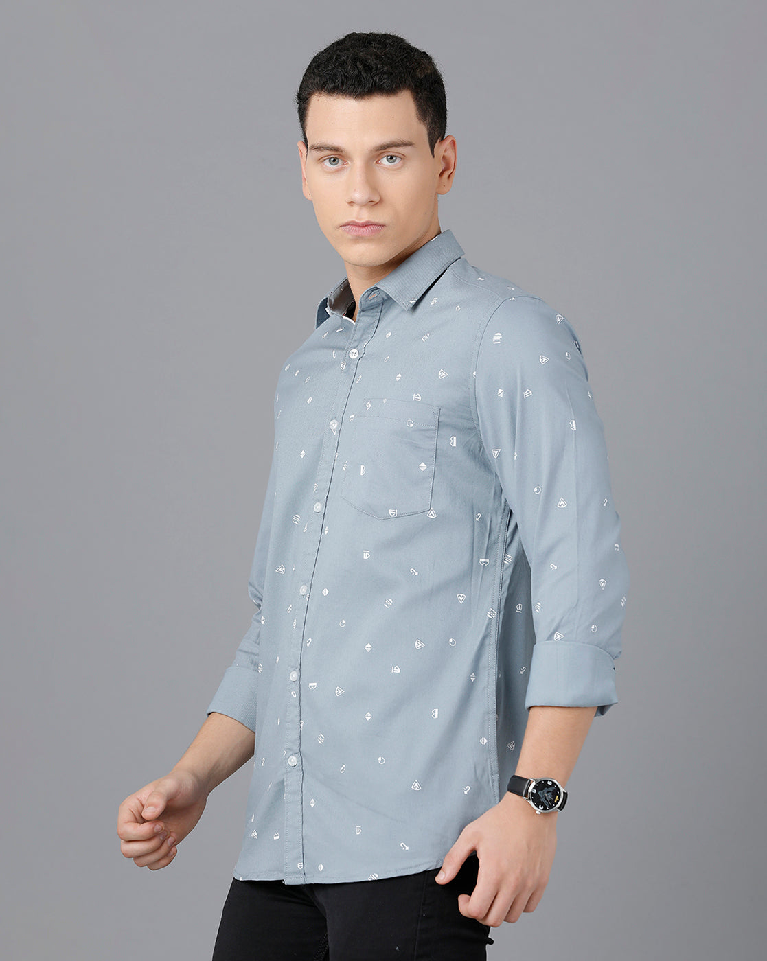 Classic Polo Mens Cotton Full Sleeve Printed Slim Fit Blue Color Spread Collar Woven Shirt | Sn2-54 F