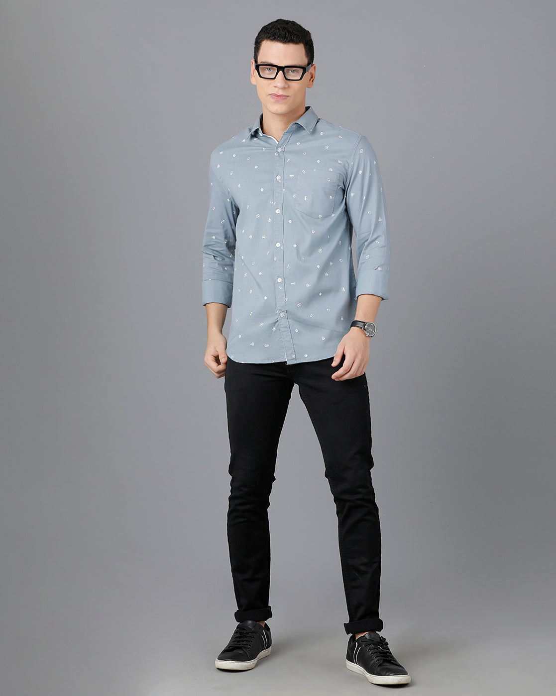 Classic Polo Mens Cotton Full Sleeve Printed Slim Fit Blue Color Spread Collar Woven Shirt | Sn2-54 F