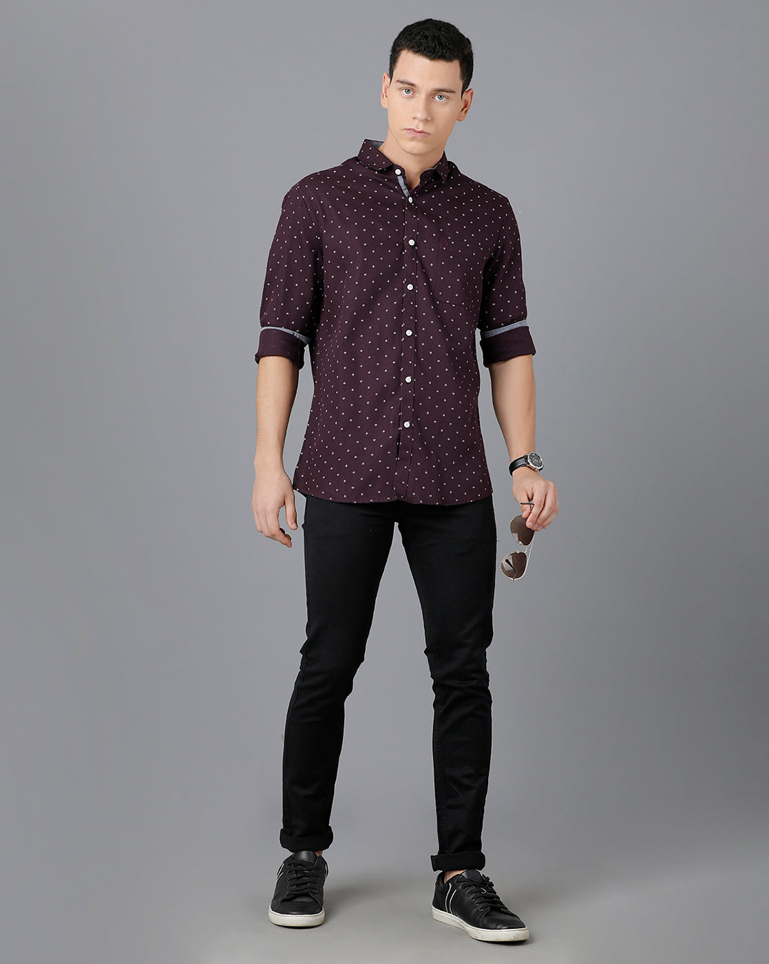 Classic Polo Mens Cotton Full Sleeve Printed Slim Fit Purple Color Spread Collar Woven Shirt | Sn2-16 B