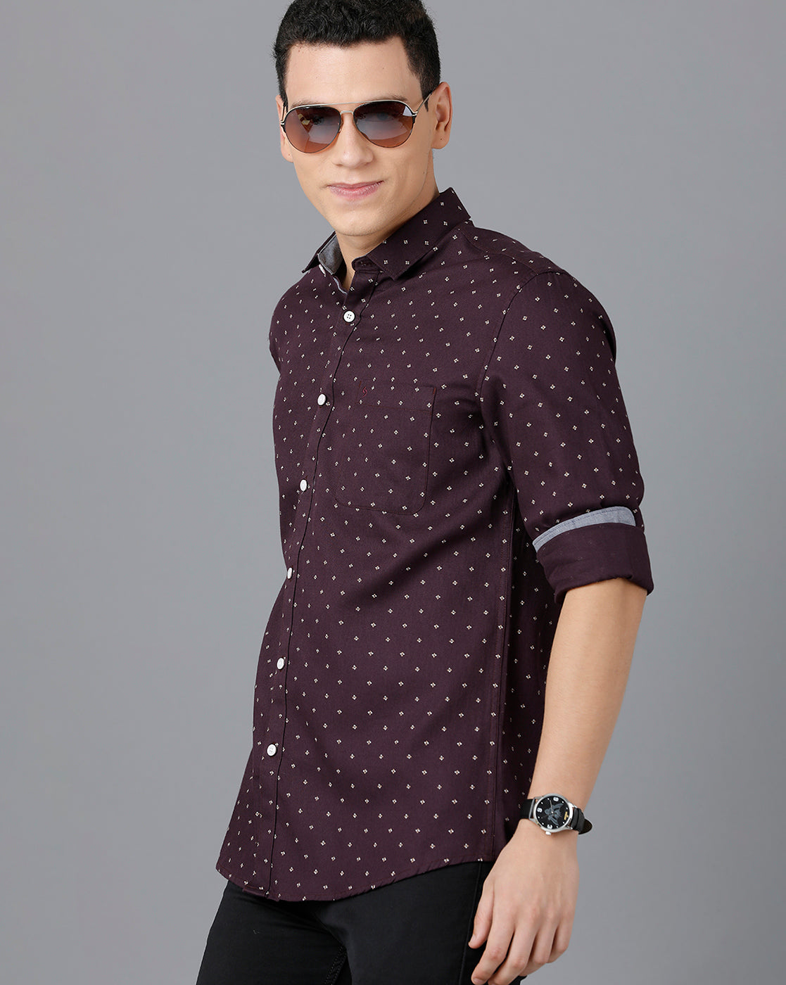 Classic Polo Mens Cotton Full Sleeve Printed Slim Fit Purple Color Spread Collar Woven Shirt | Sn2-16 B