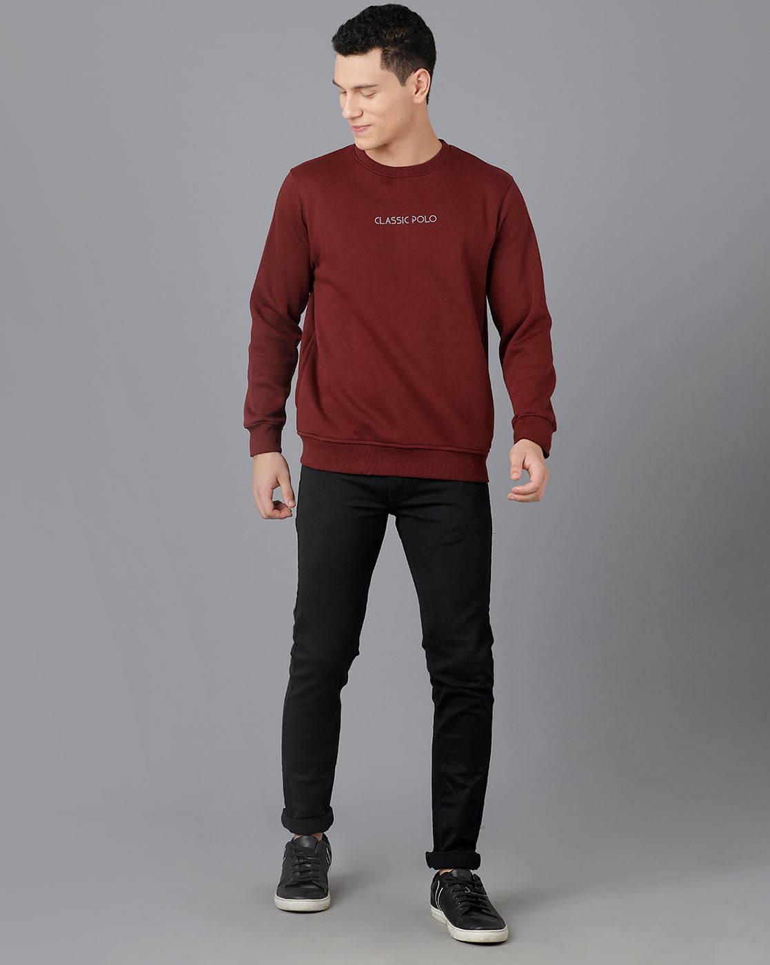 Classic Polo Mens Cotton Blend Full Sleeve Solid Slim Fit Maroon Color Round Neck Sweat Shirt | Cpss - 414 I
