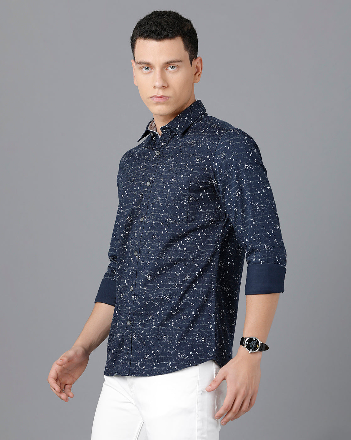 Classic Polo Mens Cotton Full Sleeve Printed Slim Fit Blue Color Spread Collar Woven Shirt | Sn2-52 A