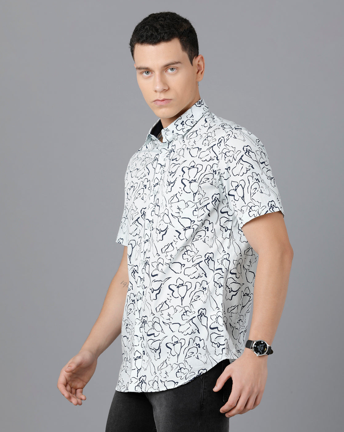 Classic Polo Mens Cotton Half Sleeve Printed Slim Fit White Color Spread Collar Woven Shirt | Sfd2- 14