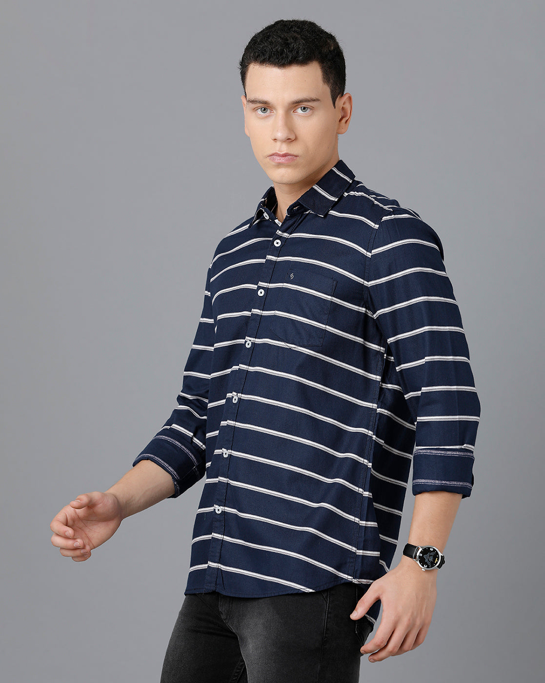 Classic Polo Mens Cotton Full Sleeve Striped Slim Fit Blue Color Spread Collar Woven Shirt | Sn2-49 D