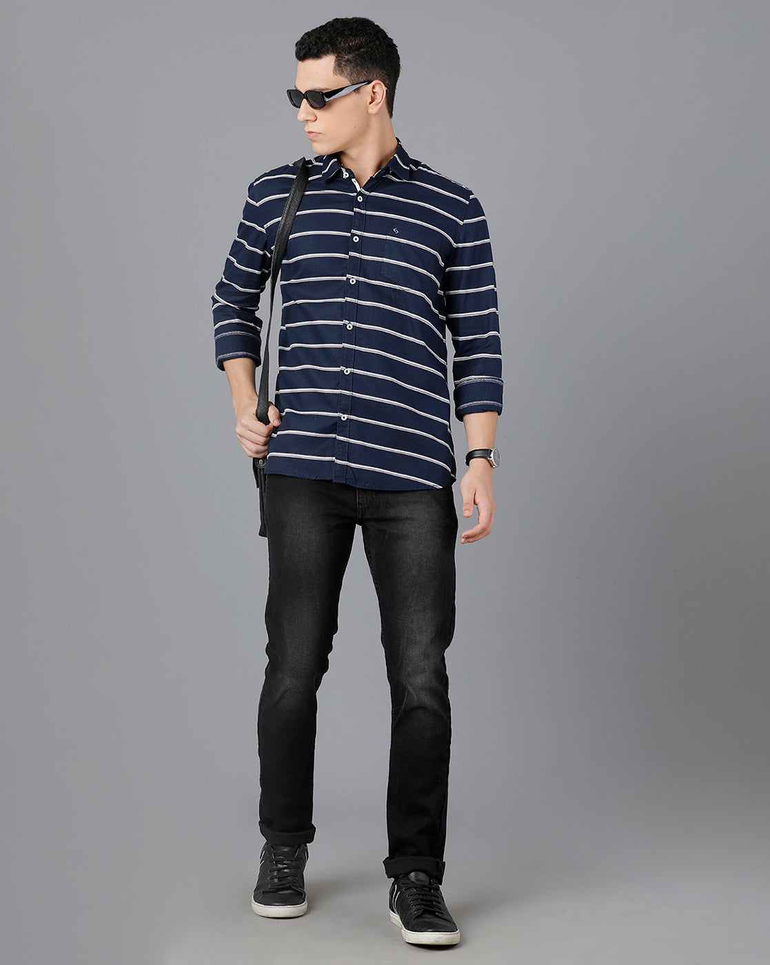 Classic Polo Mens Cotton Full Sleeve Striped Slim Fit Blue Color Spread Collar Woven Shirt | Sn2-49 D