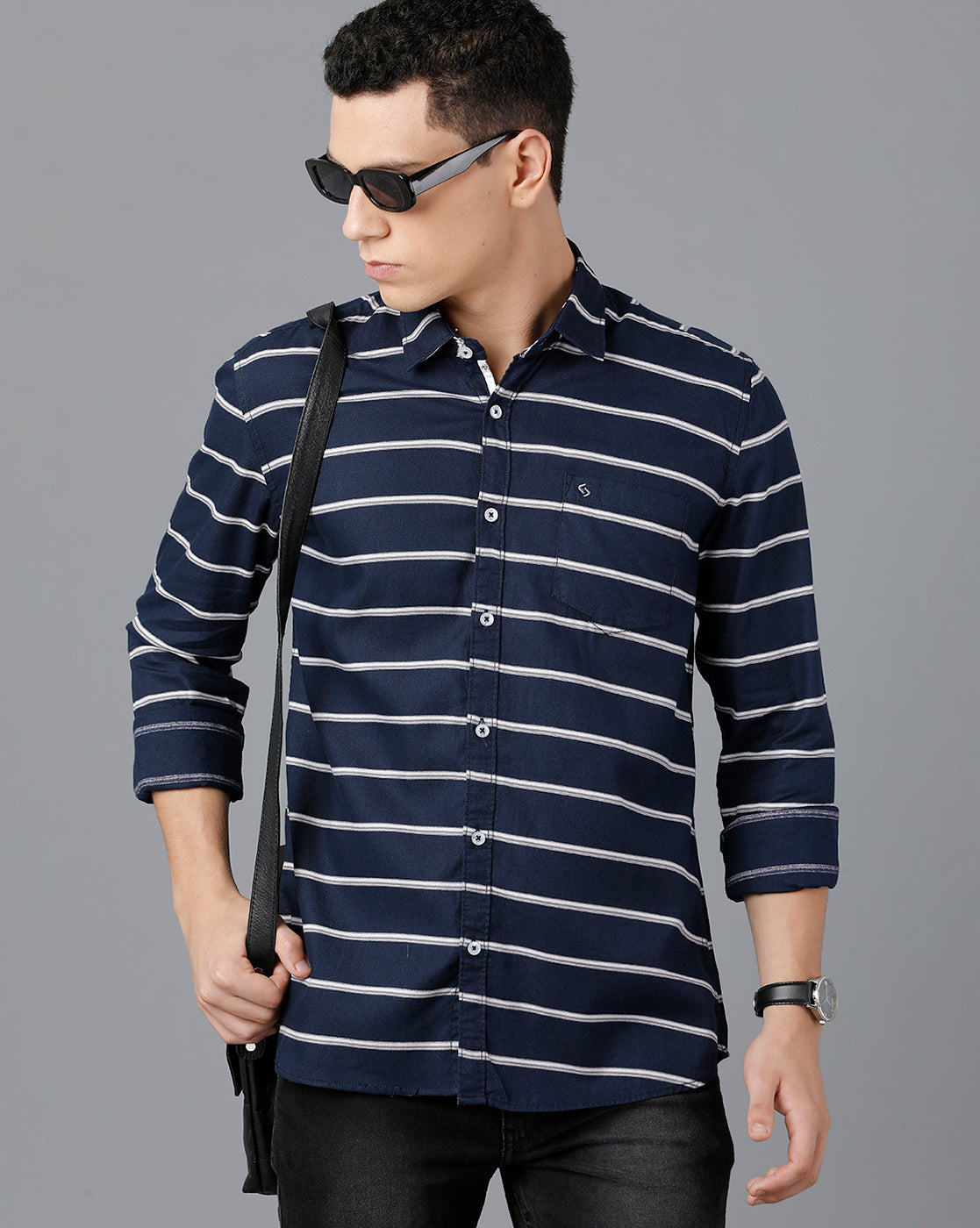 Classic Polo Mens Cotton Full Sleeve Striped Slim Fit Blue Color Spread Collar Woven Shirt | Sn2-49 D
