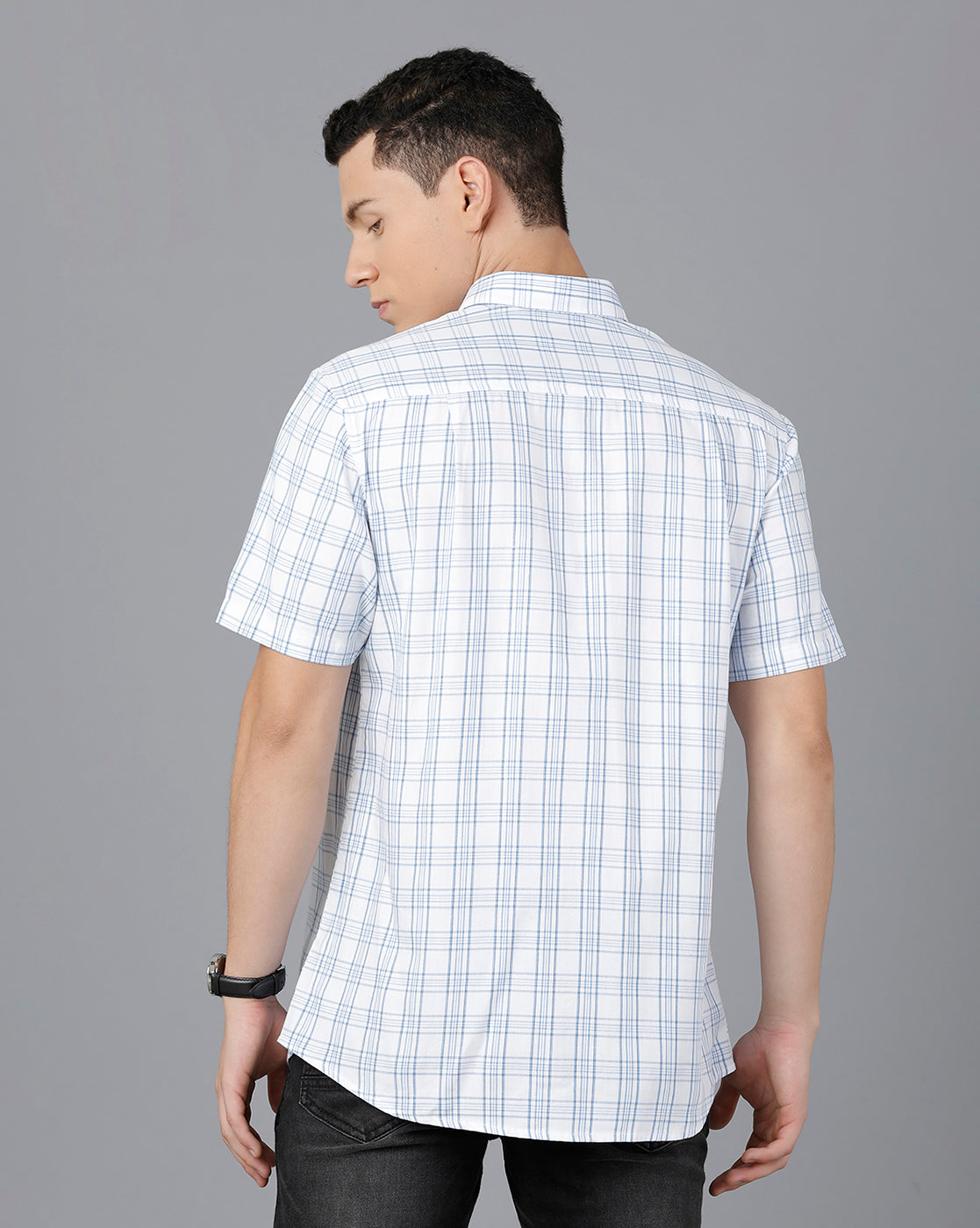 Classic Polo Mens Cotton Half Sleeve Checked Slim Fit White Color Spread Collar Woven Shirt | Sn2-113 B