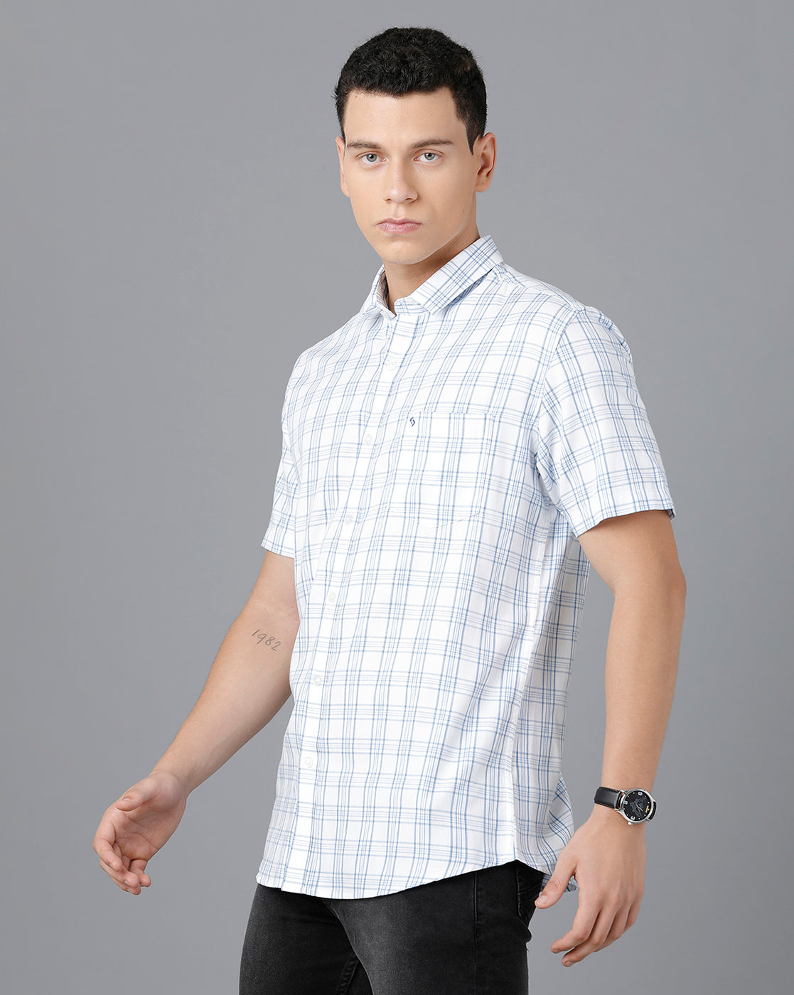 Classic Polo Mens Cotton Half Sleeve Checked Slim Fit White Color Spread Collar Woven Shirt | Sn2-113 B