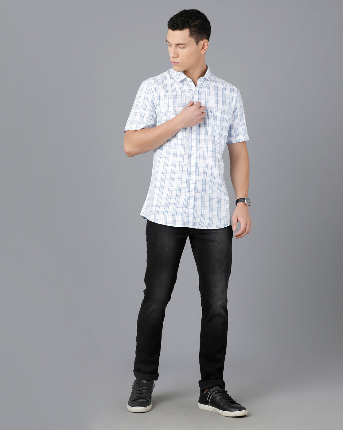 Classic Polo Mens Cotton Half Sleeve Checked Slim Fit White Color Spread Collar Woven Shirt | Sn2-113 B