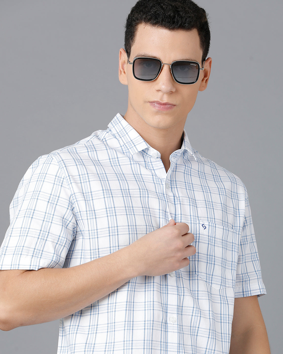 Classic Polo Mens Cotton Half Sleeve Checked Slim Fit White Color Spread Collar Woven Shirt | Sn2-113 B