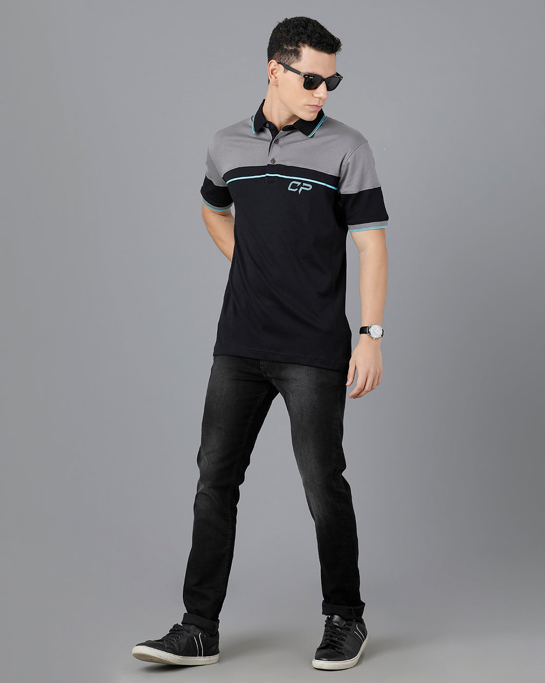 Classic Polo Mens Cotton Half Sleeve Color Block Slim Fit Black Color Polo Neck T-Shirt | Prm - 732 A