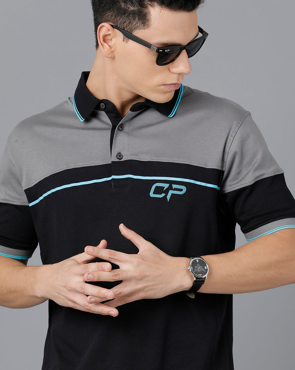 Classic Polo Mens Cotton Half Sleeve Color Block Slim Fit Black Color Polo Neck T-Shirt | Prm - 732 A