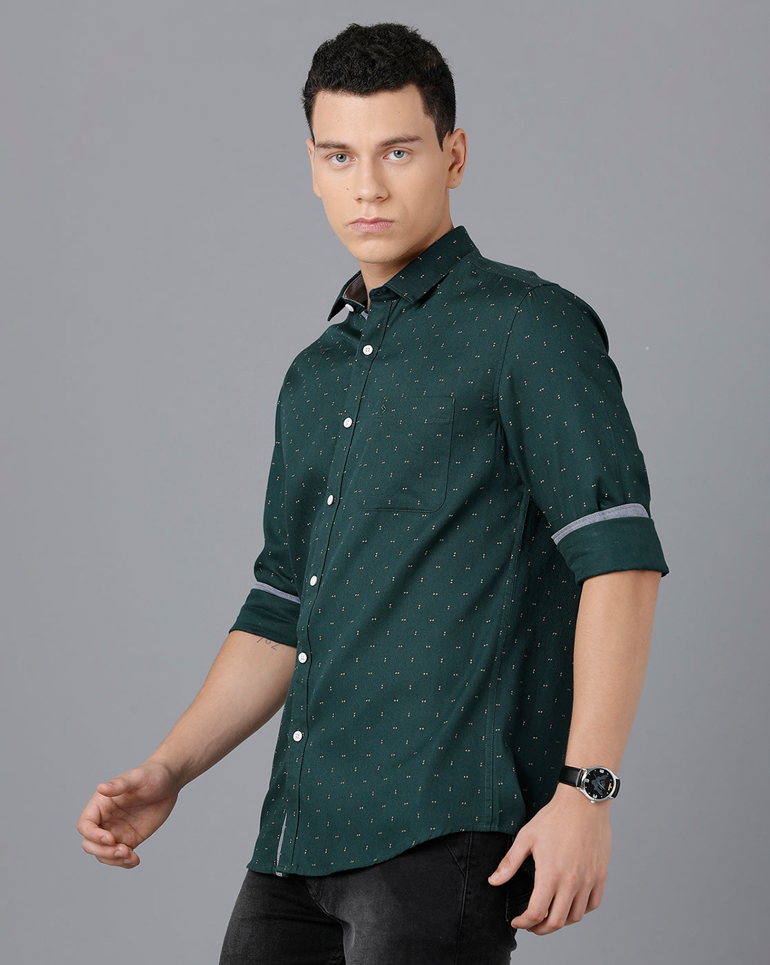 Classic Polo Mens Cotton Full Sleeve Printed Slim Fit Green Color Spread Collar Woven Shirt | Sn2-16 A