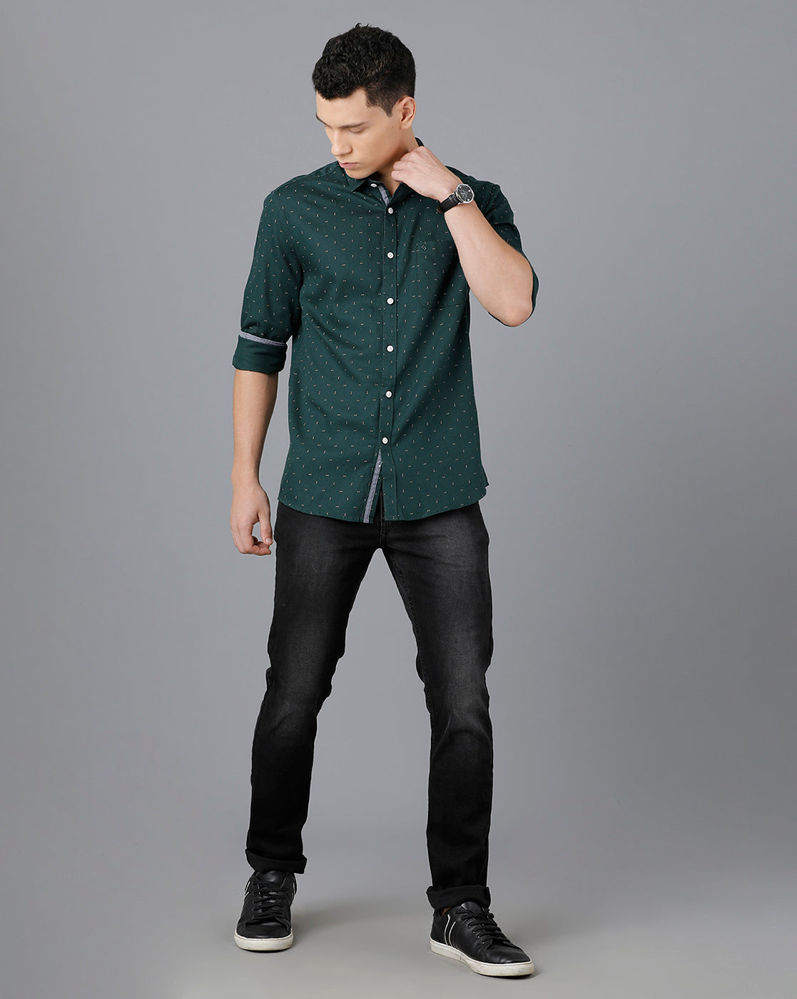 Classic Polo Mens Cotton Full Sleeve Printed Slim Fit Green Color Spread Collar Woven Shirt | Sn2-16 A