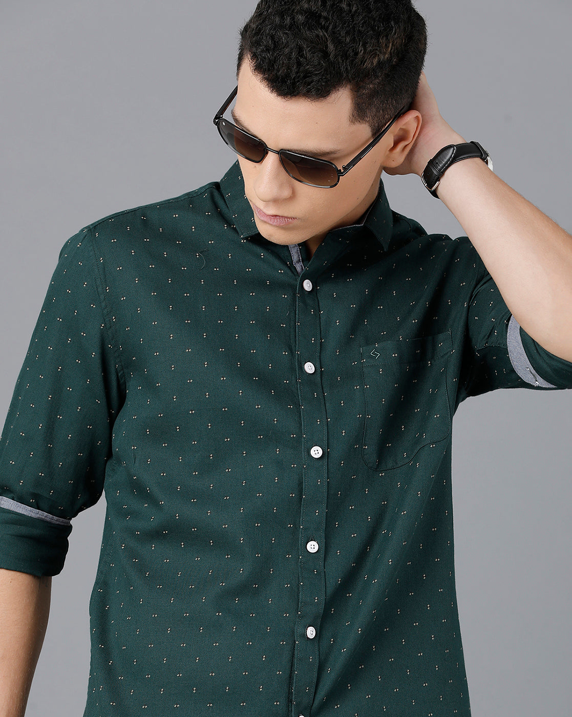 Classic Polo Mens Cotton Full Sleeve Printed Slim Fit Green Color Spread Collar Woven Shirt | Sn2-16 A