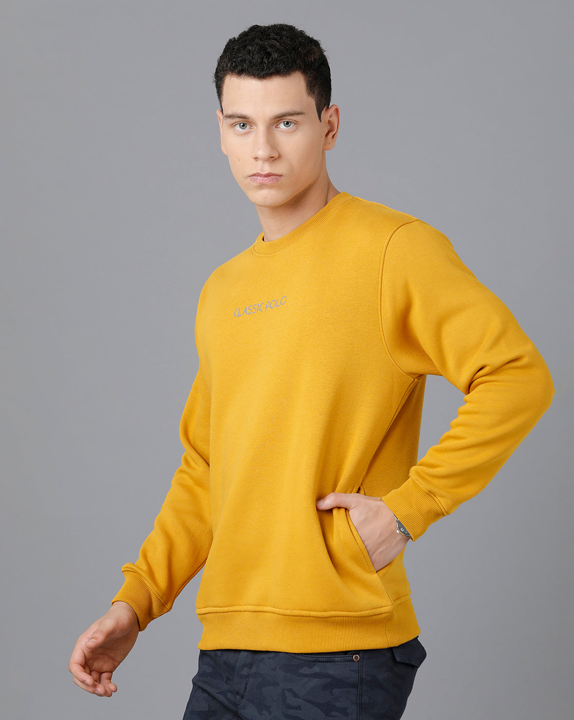 Classic Polo Mens Cotton Blend Full Sleeve Solid Slim Fit Yellow Color Round Neck Sweat Shirt | Cpss - 414 G