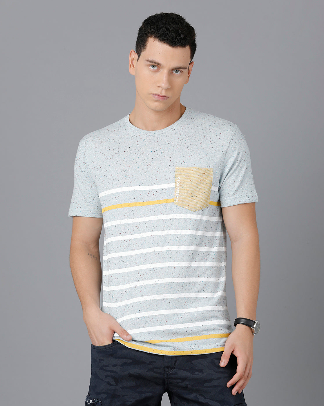 Classic Polo Mens Cotton Half Sleeve Striped Slim Fit Light Blue Color Round Neck T-Shirt | Baleno - 467 B