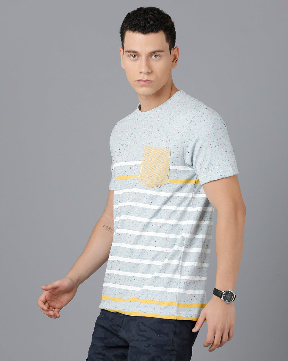 Classic Polo Mens Cotton Half Sleeve Striped Slim Fit Light Blue Color Round Neck T-Shirt | Baleno - 467 B
