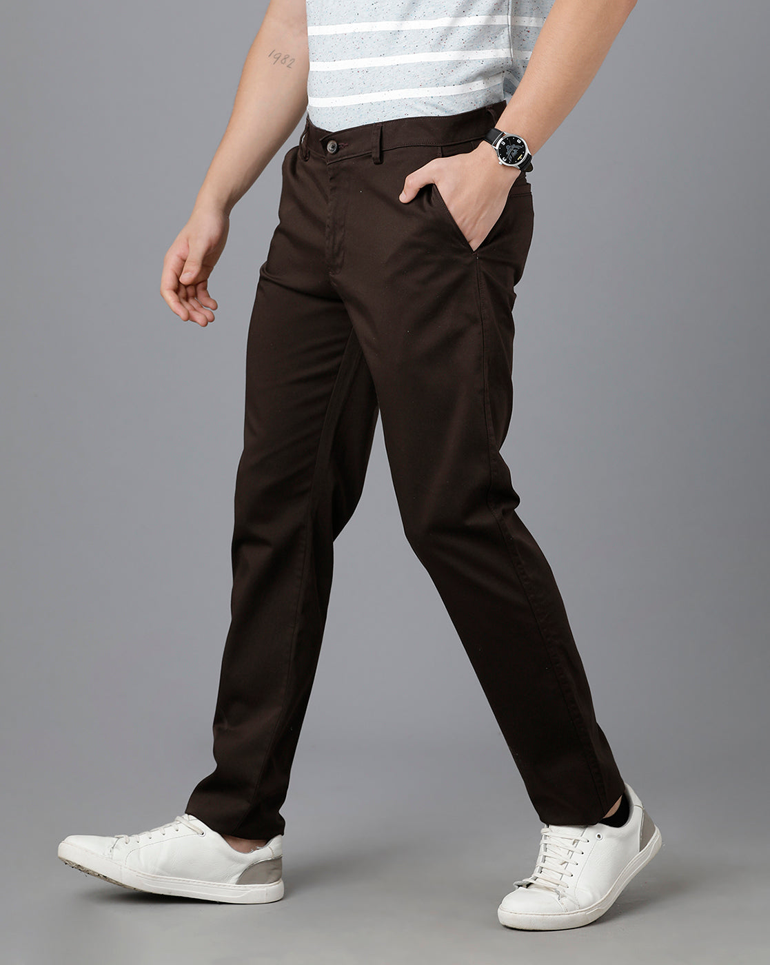 Jainish Mens Brown Solid Formal Trousers  Jompers