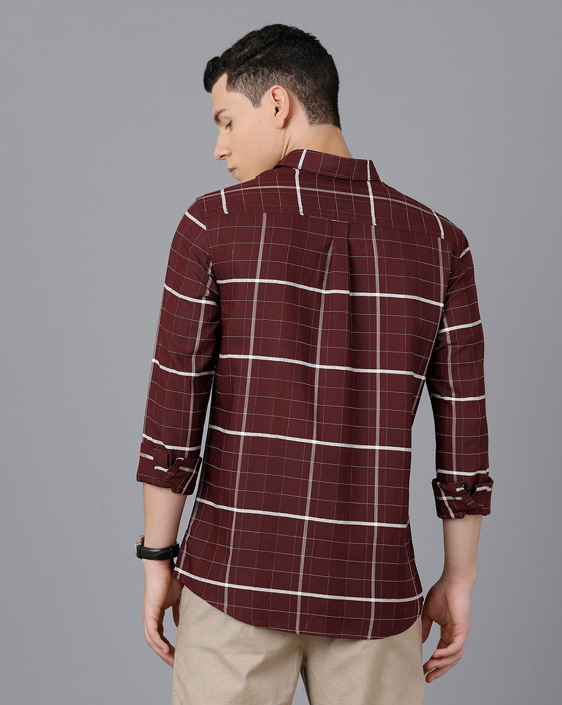 Classic Polo Mens Cotton Full Sleeve Checked Slim Fit Maroon Color Spread Collar Woven Shirt | Sn2-117 A